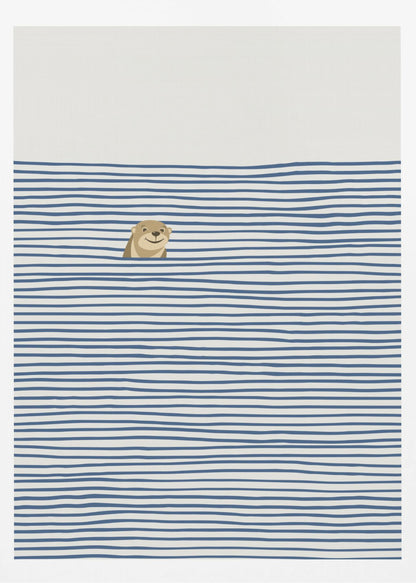 A minimalist illustration in a black frame featuring a cute, smiling otter peeking its head out of stylized water made of wavy, horizontal blue stripes on an off-white background. Decor