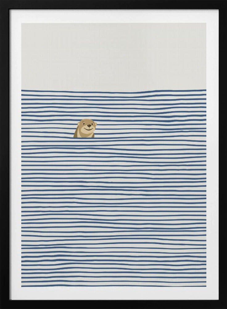 A minimalist illustration in a black frame featuring a cute, smiling otter peeking its head out of stylized water made of wavy, horizontal blue stripes on an off-white background. Decor