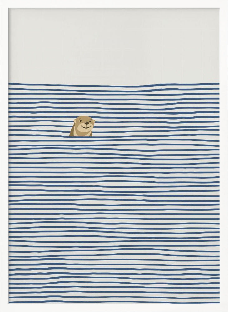 A minimalist illustration in a black frame featuring a cute, smiling otter peeking its head out of stylized water made of wavy, horizontal blue stripes on an off-white background. Decor