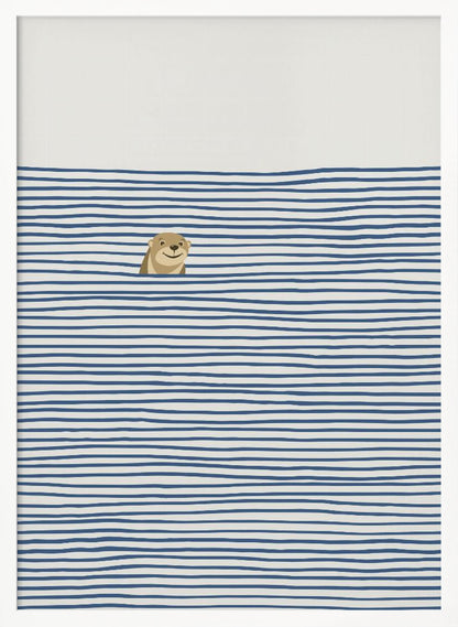 A minimalist illustration in a black frame featuring a cute, smiling otter peeking its head out of stylized water made of wavy, horizontal blue stripes on an off-white background. Decor