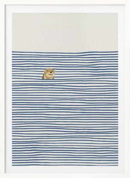 A minimalist illustration in a black frame featuring a cute, smiling otter peeking its head out of stylized water made of wavy, horizontal blue stripes on an off-white background. Decor