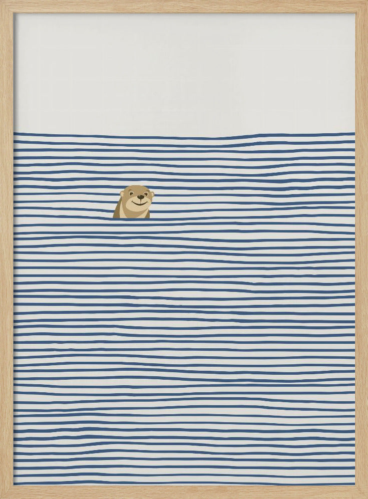 A minimalist illustration in a black frame featuring a cute, smiling otter peeking its head out of stylized water made of wavy, horizontal blue stripes on an off-white background. Decor
