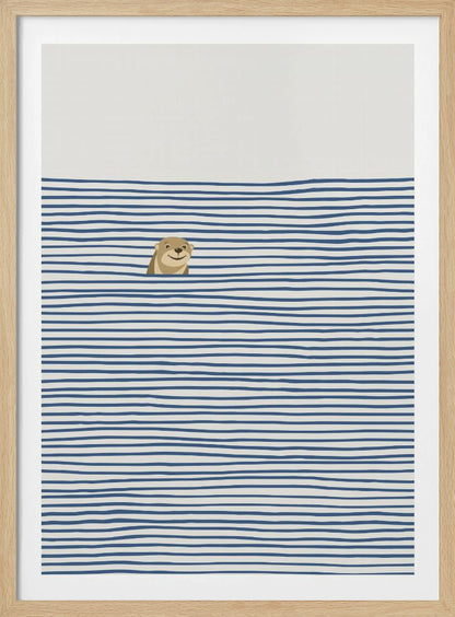 A minimalist illustration in a black frame featuring a cute, smiling otter peeking its head out of stylized water made of wavy, horizontal blue stripes on an off-white background. Decor
