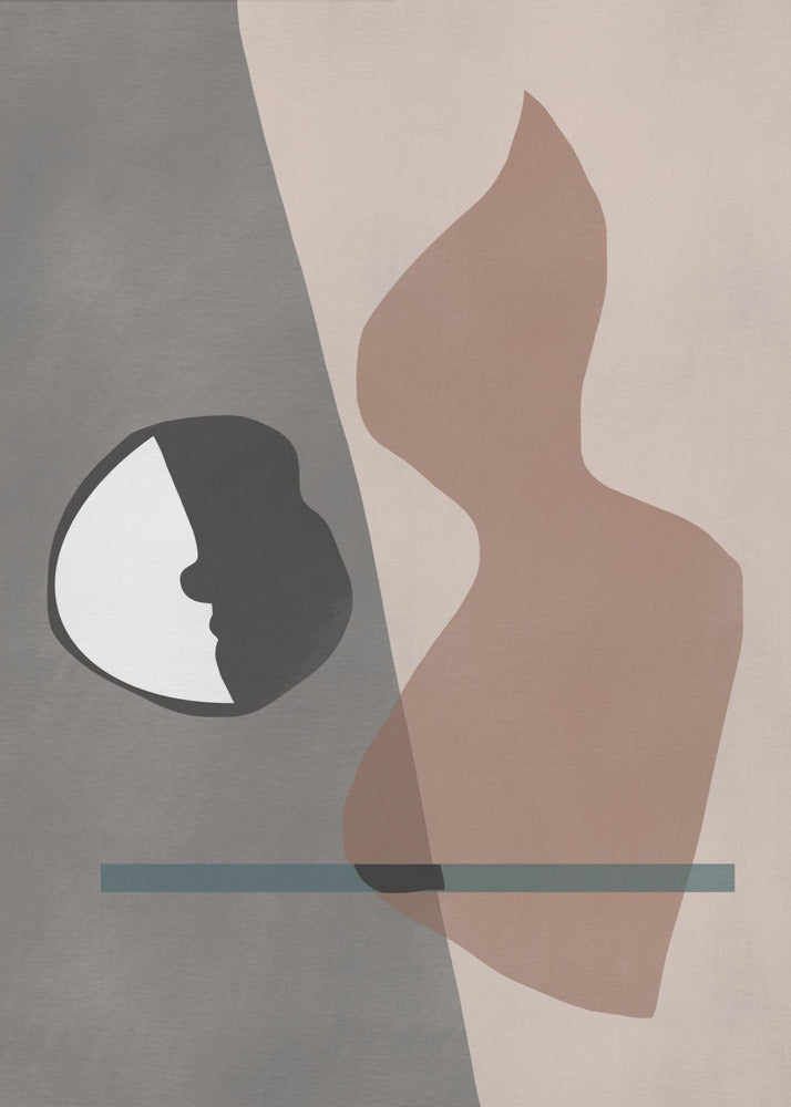 A modern abstract artwork in a black frame, featuring a composition of layered shapes in muted tones. The background is split between gray and pale pink, with a black and white circular element showing a face profile, a large translucent brown organic shape, and a horizontal teal line. Decor