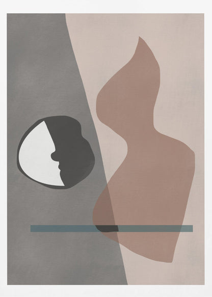 A modern abstract artwork in a black frame, featuring a composition of layered shapes in muted tones. The background is split between gray and pale pink, with a black and white circular element showing a face profile, a large translucent brown organic shape, and a horizontal teal line. Decor