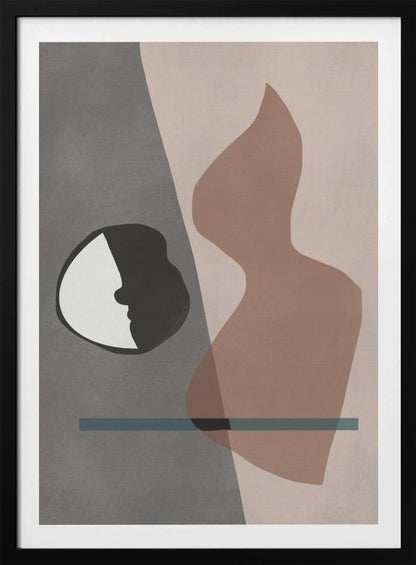 A modern abstract artwork in a black frame, featuring a composition of layered shapes in muted tones. The background is split between gray and pale pink, with a black and white circular element showing a face profile, a large translucent brown organic shape, and a horizontal teal line. Decor