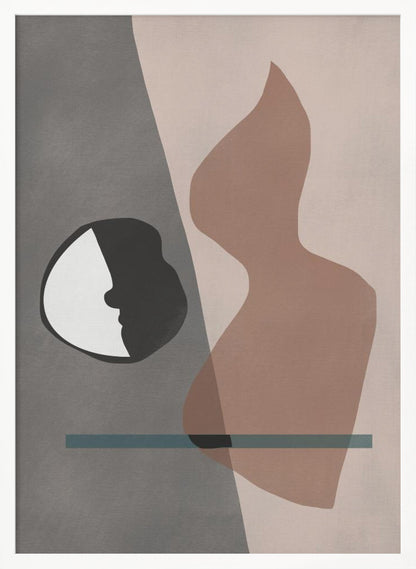 A modern abstract artwork in a black frame, featuring a composition of layered shapes in muted tones. The background is split between gray and pale pink, with a black and white circular element showing a face profile, a large translucent brown organic shape, and a horizontal teal line. Decor