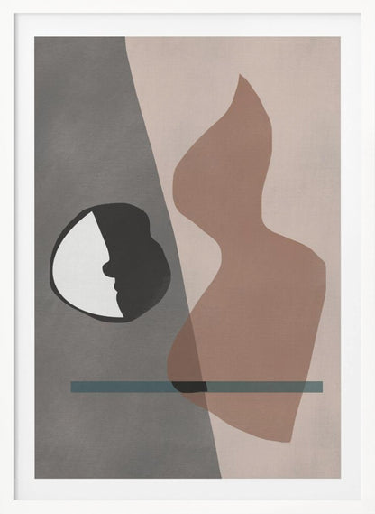 A modern abstract artwork in a black frame, featuring a composition of layered shapes in muted tones. The background is split between gray and pale pink, with a black and white circular element showing a face profile, a large translucent brown organic shape, and a horizontal teal line. Decor