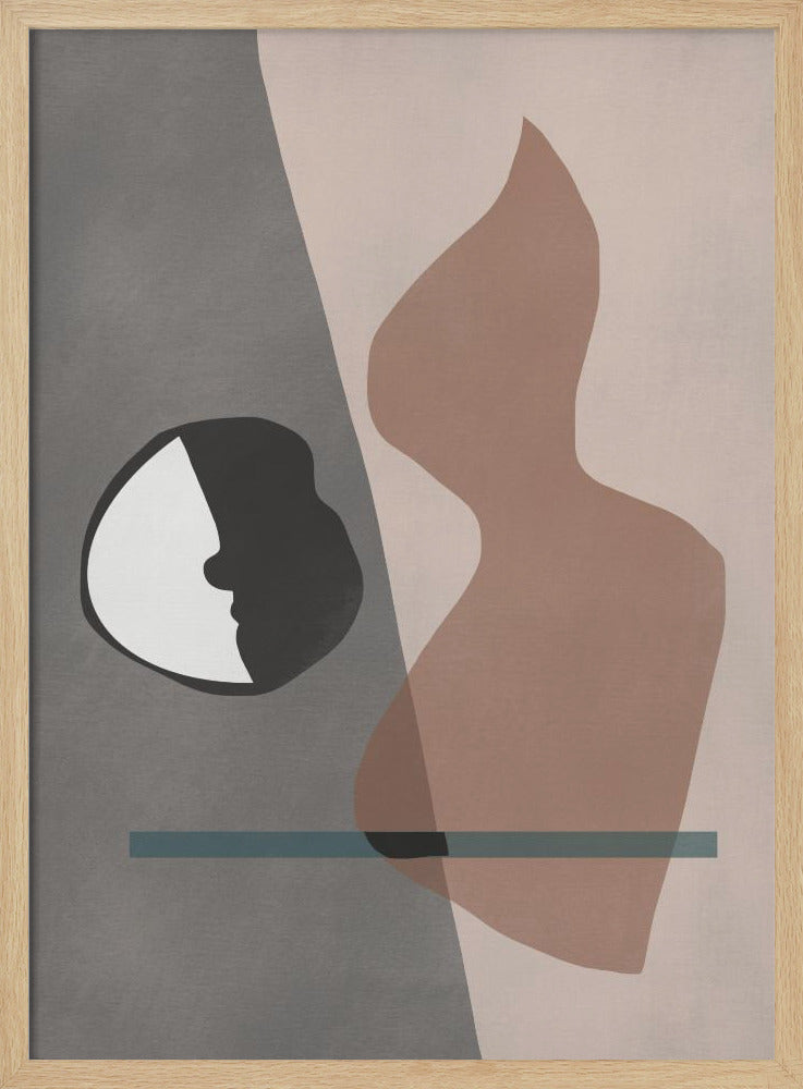 A modern abstract artwork in a black frame, featuring a composition of layered shapes in muted tones. The background is split between gray and pale pink, with a black and white circular element showing a face profile, a large translucent brown organic shape, and a horizontal teal line. Decor