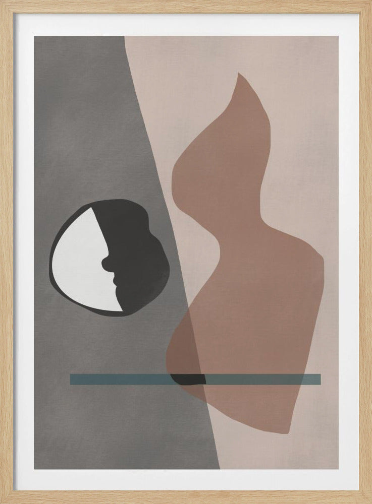 A modern abstract artwork in a black frame, featuring a composition of layered shapes in muted tones. The background is split between gray and pale pink, with a black and white circular element showing a face profile, a large translucent brown organic shape, and a horizontal teal line. Decor