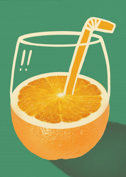 A surrealist pop-art style illustration of an orange fruit that doubles as a glass of orange juice. The bottom half is a photorealistic orange, while the top half is a simple white line drawing of a glass. An orange-colored cartoon straw sticks out from the center of the orange. The entire image is set against a solid dark green background. Decor