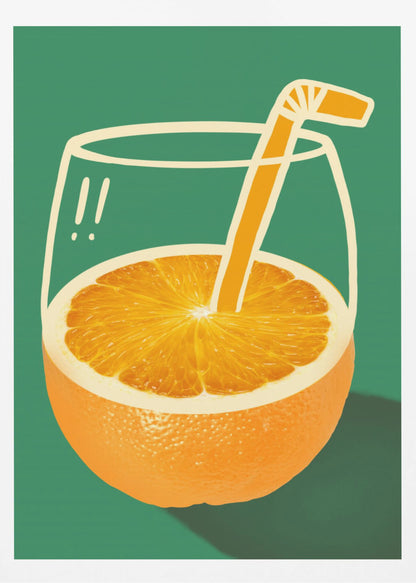 A surrealist pop-art style illustration of an orange fruit that doubles as a glass of orange juice. The bottom half is a photorealistic orange, while the top half is a simple white line drawing of a glass. An orange-colored cartoon straw sticks out from the center of the orange. The entire image is set against a solid dark green background. Decor