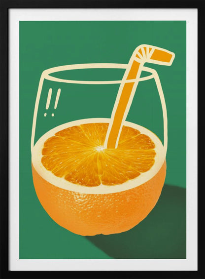 A surrealist pop-art style illustration of an orange fruit that doubles as a glass of orange juice. The bottom half is a photorealistic orange, while the top half is a simple white line drawing of a glass. An orange-colored cartoon straw sticks out from the center of the orange. The entire image is set against a solid dark green background. Decor