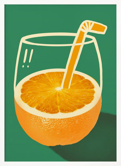 A surrealist pop-art style illustration of an orange fruit that doubles as a glass of orange juice. The bottom half is a photorealistic orange, while the top half is a simple white line drawing of a glass. An orange-colored cartoon straw sticks out from the center of the orange. The entire image is set against a solid dark green background. Decor
