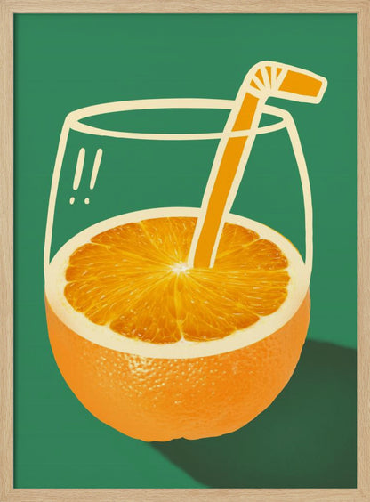 A surrealist pop-art style illustration of an orange fruit that doubles as a glass of orange juice. The bottom half is a photorealistic orange, while the top half is a simple white line drawing of a glass. An orange-colored cartoon straw sticks out from the center of the orange. The entire image is set against a solid dark green background. Decor