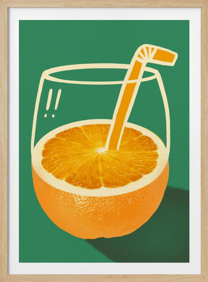 A surrealist pop-art style illustration of an orange fruit that doubles as a glass of orange juice. The bottom half is a photorealistic orange, while the top half is a simple white line drawing of a glass. An orange-colored cartoon straw sticks out from the center of the orange. The entire image is set against a solid dark green background. Decor