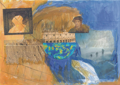 An abstract mixed-media collage in a silver frame, featuring prominent blue and orange painted sections. The collage includes images of the Roman Colosseum, a weather map, a framed silhouette, a historical portrait, a map of Italy, and various photographic scenes, creating a layered and complex composition. Wall Art