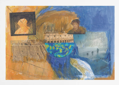 An abstract mixed-media collage in a silver frame, featuring prominent blue and orange painted sections. The collage includes images of the Roman Colosseum, a weather map, a framed silhouette, a historical portrait, a map of Italy, and various photographic scenes, creating a layered and complex composition. Wall Art