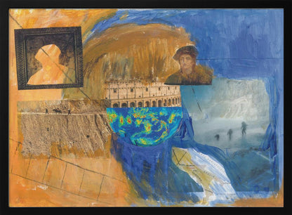 An abstract mixed-media collage in a silver frame, featuring prominent blue and orange painted sections. The collage includes images of the Roman Colosseum, a weather map, a framed silhouette, a historical portrait, a map of Italy, and various photographic scenes, creating a layered and complex composition. Wall Art
