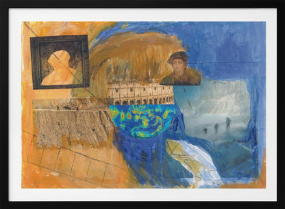 An abstract mixed-media collage in a silver frame, featuring prominent blue and orange painted sections. The collage includes images of the Roman Colosseum, a weather map, a framed silhouette, a historical portrait, a map of Italy, and various photographic scenes, creating a layered and complex composition. Wall Art