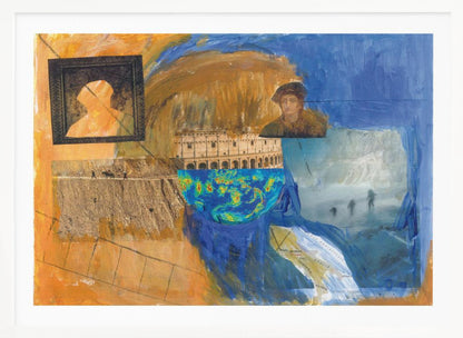 An abstract mixed-media collage in a silver frame, featuring prominent blue and orange painted sections. The collage includes images of the Roman Colosseum, a weather map, a framed silhouette, a historical portrait, a map of Italy, and various photographic scenes, creating a layered and complex composition. Wall Art