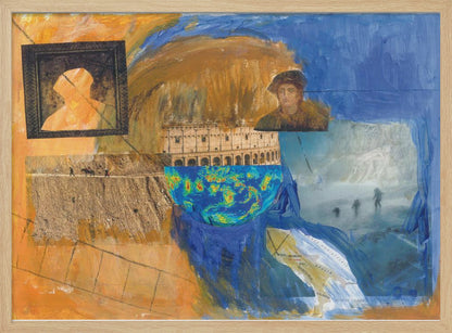 An abstract mixed-media collage in a silver frame, featuring prominent blue and orange painted sections. The collage includes images of the Roman Colosseum, a weather map, a framed silhouette, a historical portrait, a map of Italy, and various photographic scenes, creating a layered and complex composition. Wall Art