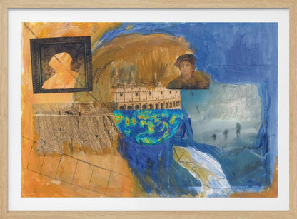 An abstract mixed-media collage in a silver frame, featuring prominent blue and orange painted sections. The collage includes images of the Roman Colosseum, a weather map, a framed silhouette, a historical portrait, a map of Italy, and various photographic scenes, creating a layered and complex composition. Wall Art