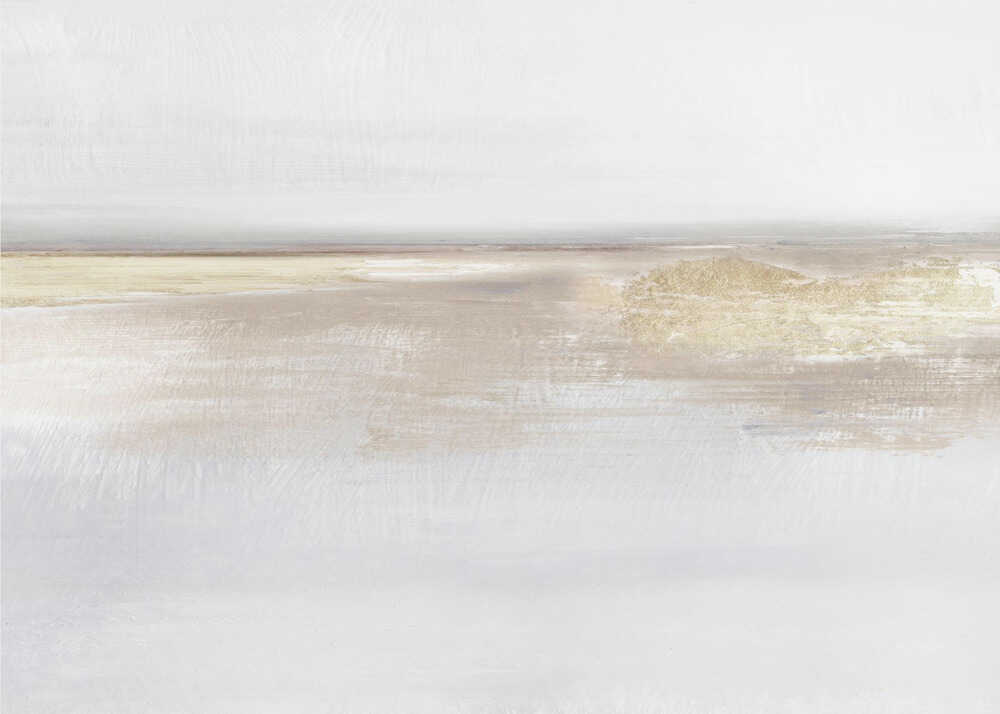 Abstract landscape art in neutral beige and white tones with shimmering gold details, set in a modern silver frame.