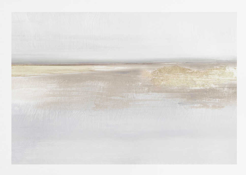 Abstract landscape art in neutral beige and white tones with shimmering gold details, set in a modern silver frame.