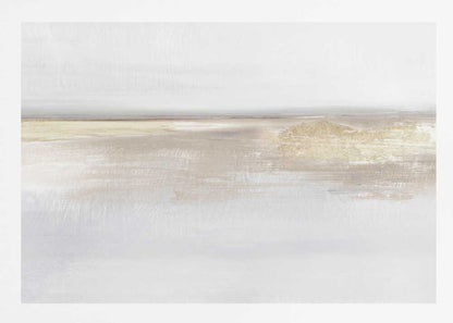 Abstract landscape art in neutral beige and white tones with shimmering gold details, set in a modern silver frame.