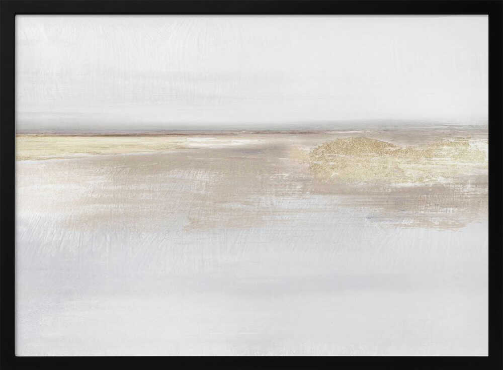 Abstract landscape art in neutral beige and white tones with shimmering gold details, set in a modern silver frame.