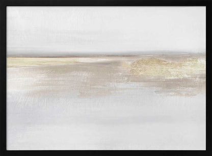 Abstract landscape art in neutral beige and white tones with shimmering gold details, set in a modern silver frame.
