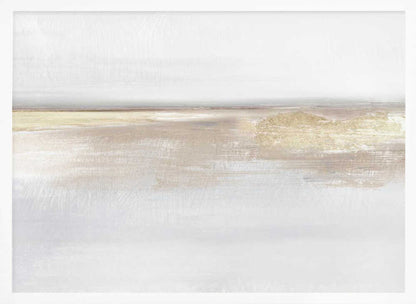 Abstract landscape art in neutral beige and white tones with shimmering gold details, set in a modern silver frame.