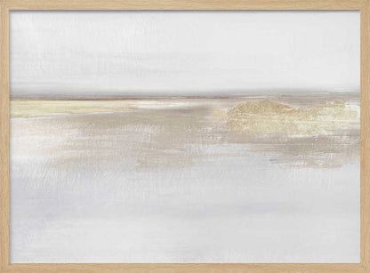 Abstract landscape art in neutral beige and white tones with shimmering gold details, set in a modern silver frame.
