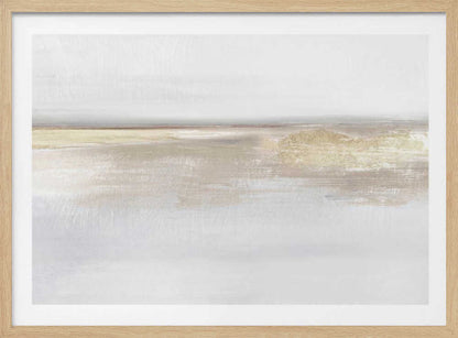 Abstract landscape art in neutral beige and white tones with shimmering gold details, set in a modern silver frame.