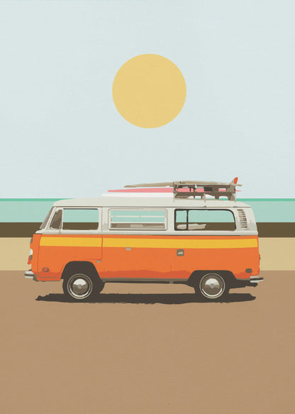 A minimalist art print of a vintage orange and white camper van parked on a sandy beach. Surfboards are strapped to the roof, and in the background, the ocean meets a light blue sky with a large yellow sun. Decor