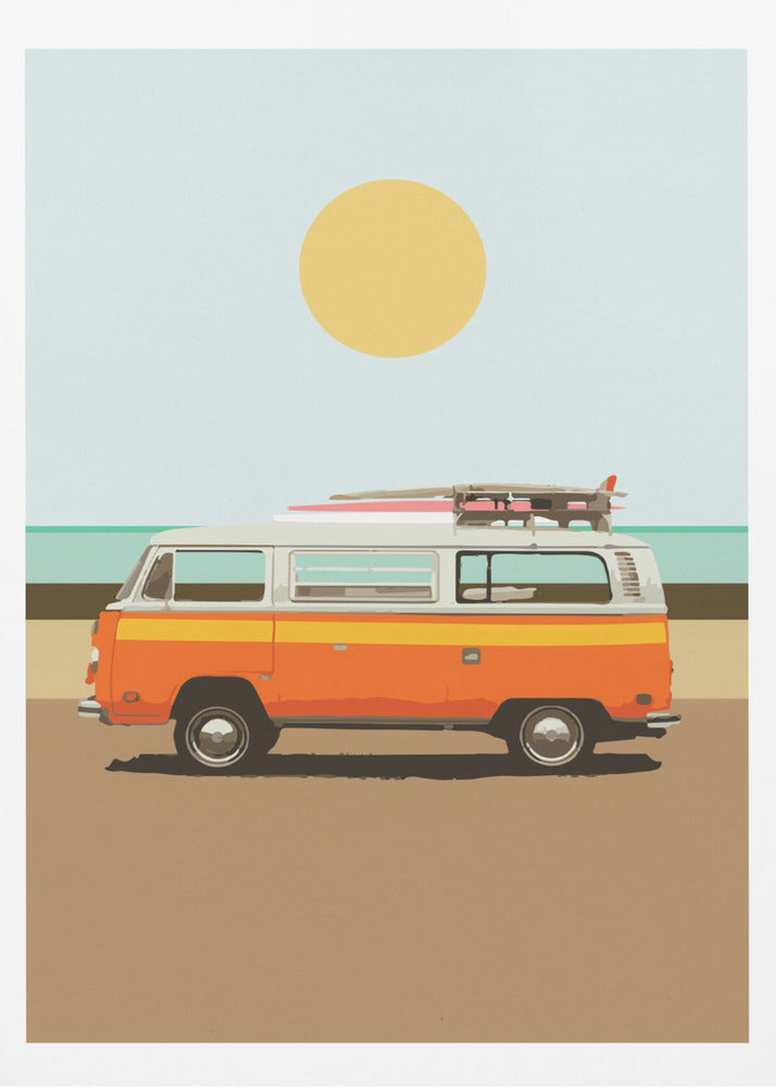 A minimalist art print of a vintage orange and white camper van parked on a sandy beach. Surfboards are strapped to the roof, and in the background, the ocean meets a light blue sky with a large yellow sun. Decor