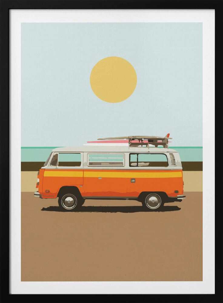 A minimalist art print of a vintage orange and white camper van parked on a sandy beach. Surfboards are strapped to the roof, and in the background, the ocean meets a light blue sky with a large yellow sun. Decor