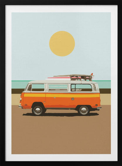 A minimalist art print of a vintage orange and white camper van parked on a sandy beach. Surfboards are strapped to the roof, and in the background, the ocean meets a light blue sky with a large yellow sun. Decor