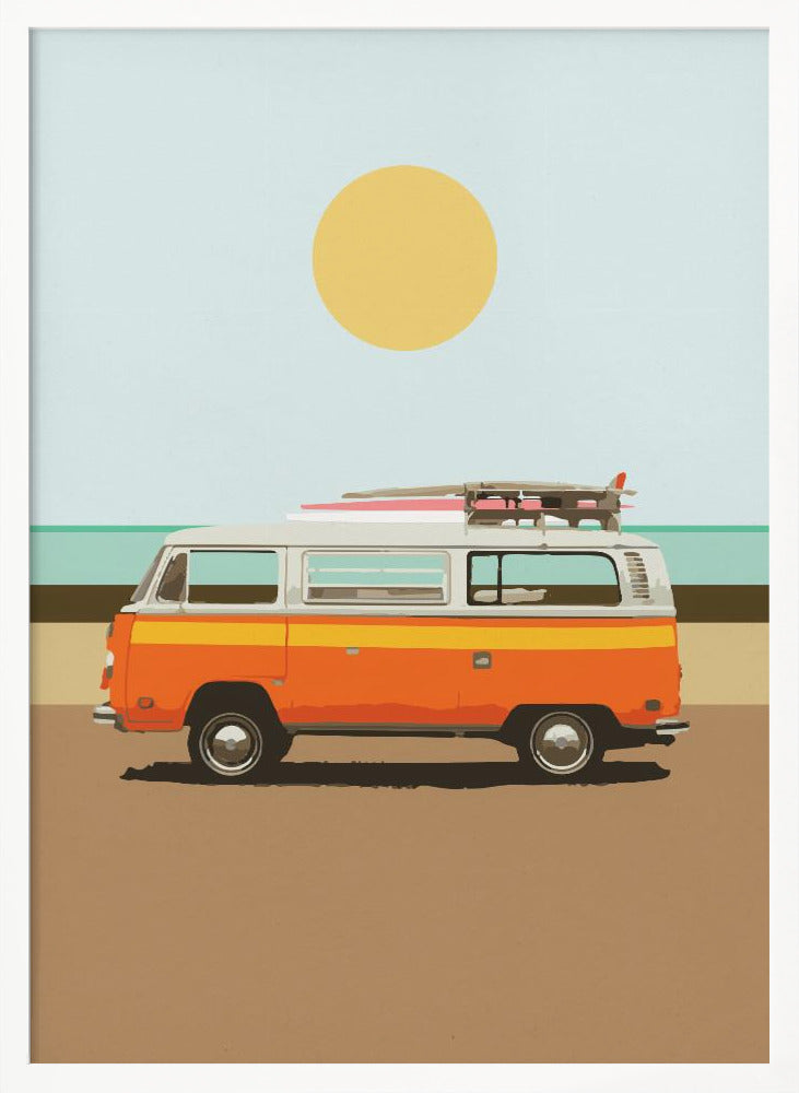 A minimalist art print of a vintage orange and white camper van parked on a sandy beach. Surfboards are strapped to the roof, and in the background, the ocean meets a light blue sky with a large yellow sun. Decor