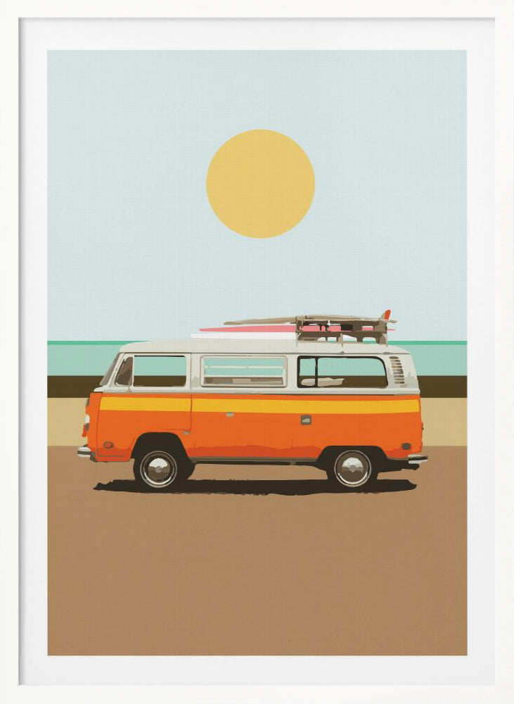 A minimalist art print of a vintage orange and white camper van parked on a sandy beach. Surfboards are strapped to the roof, and in the background, the ocean meets a light blue sky with a large yellow sun. Decor