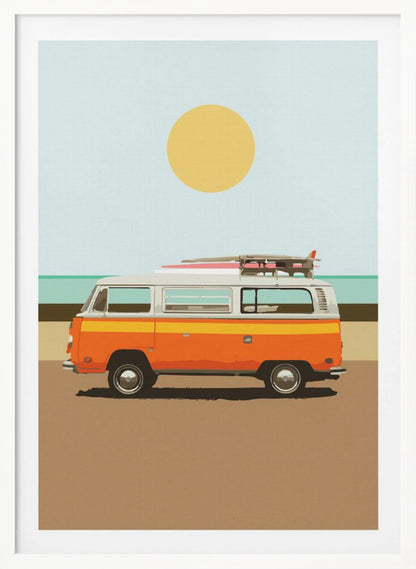 A minimalist art print of a vintage orange and white camper van parked on a sandy beach. Surfboards are strapped to the roof, and in the background, the ocean meets a light blue sky with a large yellow sun. Decor