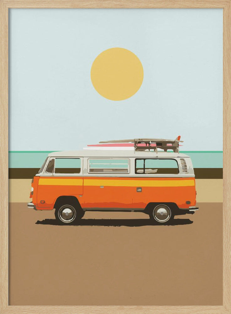 A minimalist art print of a vintage orange and white camper van parked on a sandy beach. Surfboards are strapped to the roof, and in the background, the ocean meets a light blue sky with a large yellow sun. Decor