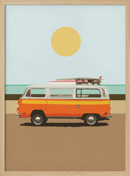A minimalist art print of a vintage orange and white camper van parked on a sandy beach. Surfboards are strapped to the roof, and in the background, the ocean meets a light blue sky with a large yellow sun. Decor