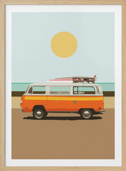 A minimalist art print of a vintage orange and white camper van parked on a sandy beach. Surfboards are strapped to the roof, and in the background, the ocean meets a light blue sky with a large yellow sun. Decor