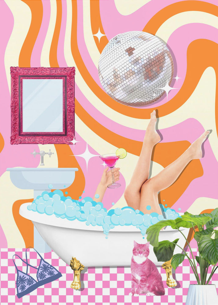 A funky, retro-style collage of a bathroom scene. A woman's legs are up in the air out of a bubble bath while she holds a pink cocktail. A disco ball hangs above, against a psychedelic background of wavy pink, orange, and cream stripes. A pink cat sits on the pink and white checkered floor next to the tub. Decor