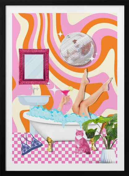 A funky, retro-style collage of a bathroom scene. A woman's legs are up in the air out of a bubble bath while she holds a pink cocktail. A disco ball hangs above, against a psychedelic background of wavy pink, orange, and cream stripes. A pink cat sits on the pink and white checkered floor next to the tub. Decor