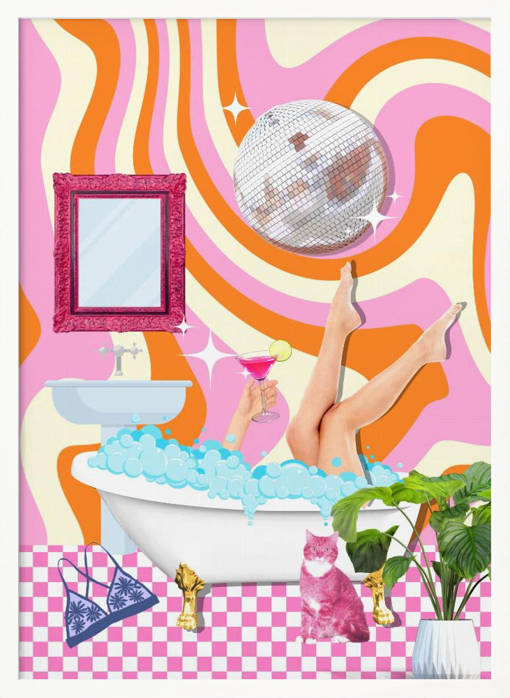A funky, retro-style collage of a bathroom scene. A woman's legs are up in the air out of a bubble bath while she holds a pink cocktail. A disco ball hangs above, against a psychedelic background of wavy pink, orange, and cream stripes. A pink cat sits on the pink and white checkered floor next to the tub. Decor