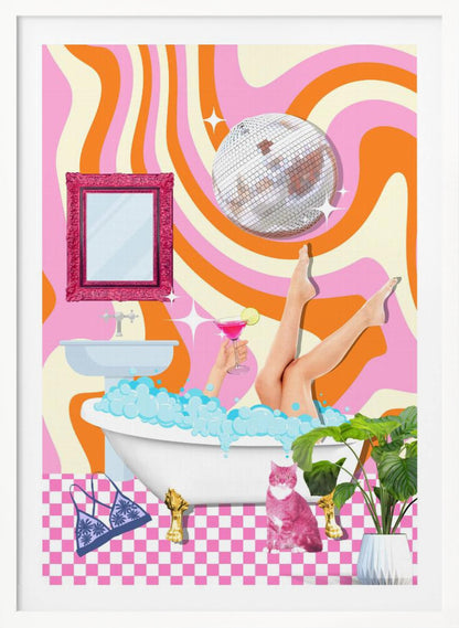 A funky, retro-style collage of a bathroom scene. A woman's legs are up in the air out of a bubble bath while she holds a pink cocktail. A disco ball hangs above, against a psychedelic background of wavy pink, orange, and cream stripes. A pink cat sits on the pink and white checkered floor next to the tub. Decor