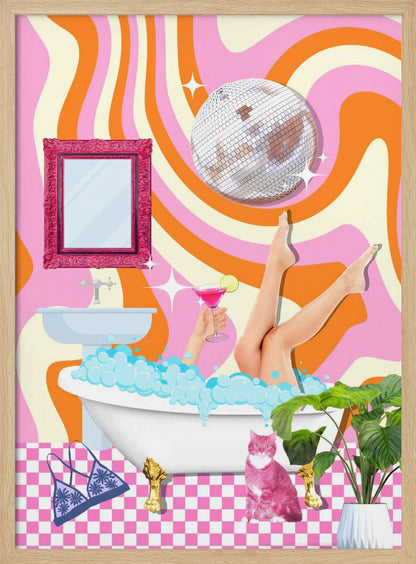 A funky, retro-style collage of a bathroom scene. A woman's legs are up in the air out of a bubble bath while she holds a pink cocktail. A disco ball hangs above, against a psychedelic background of wavy pink, orange, and cream stripes. A pink cat sits on the pink and white checkered floor next to the tub. Decor